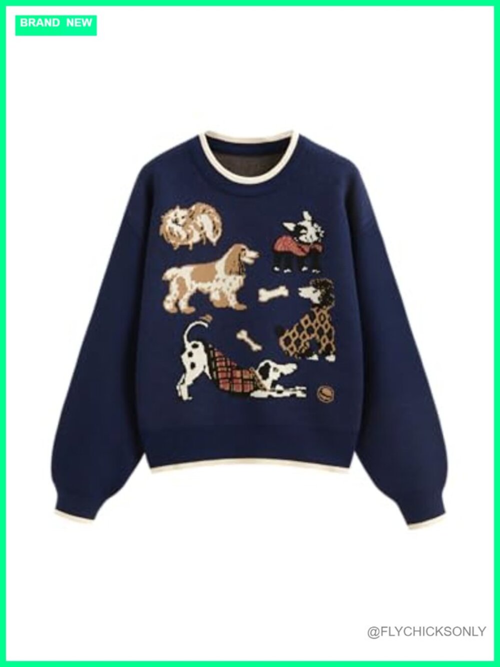 Dog Graphic Long Sleeve Crewneck Soft Knit Pullover Sweater